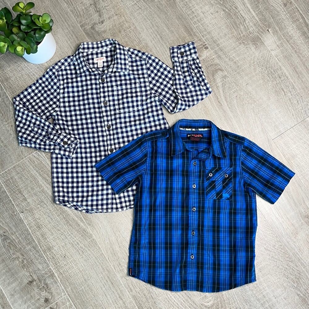 Hawk Blue Plaid Button Down Shirt Cat & Jack Check Long Sleeve Shirt Boys Size 7